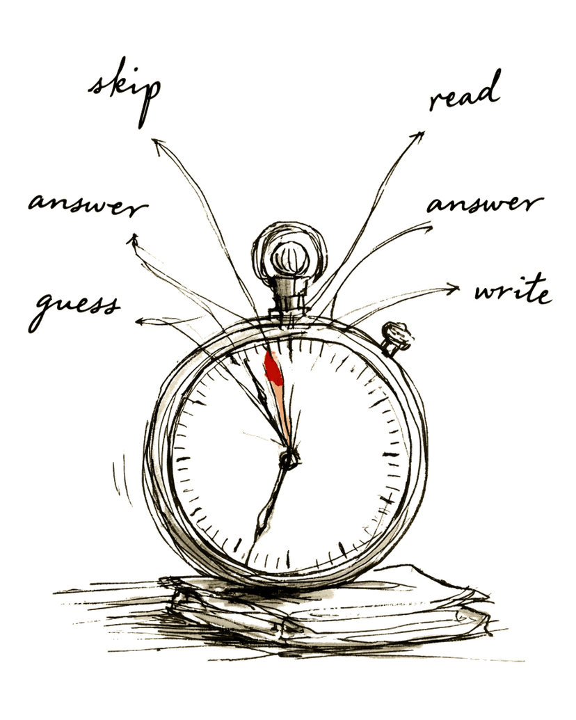 Hand-drawn stopwatch with arrows pointing outward to handwritten options.