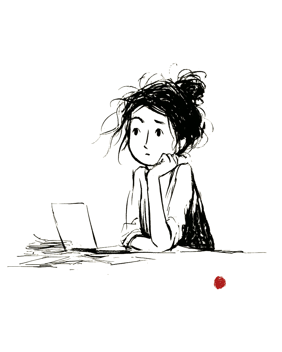 A student at a desk, hand on chin, thinking